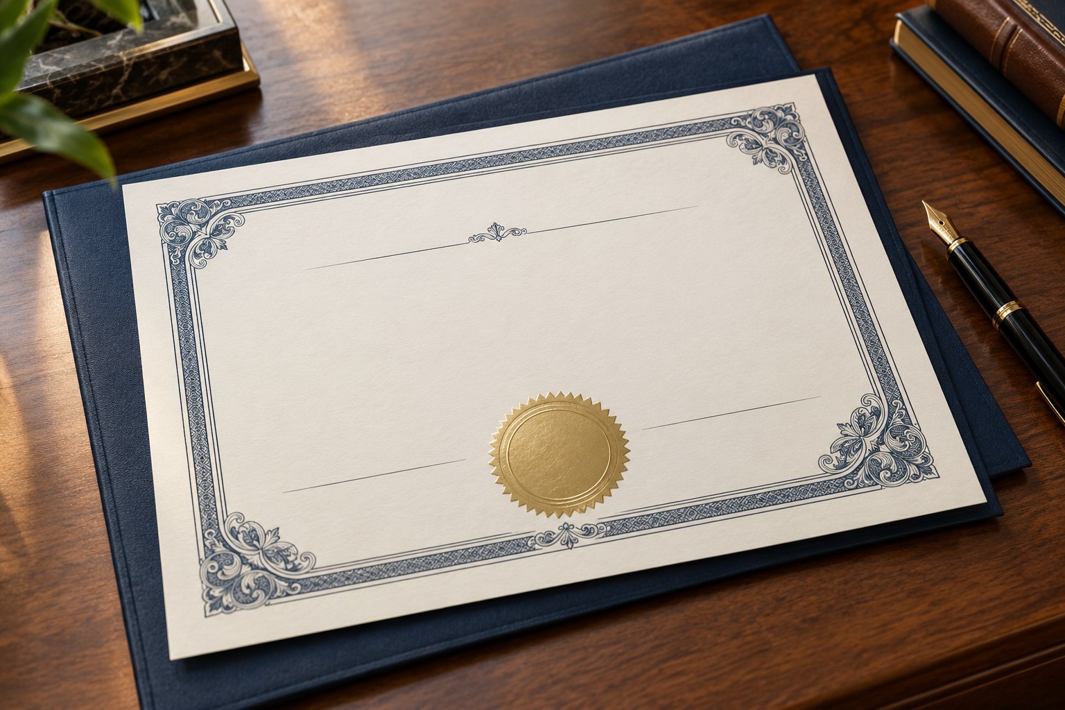 Illustrative certificate with a gold seal on a navy folder