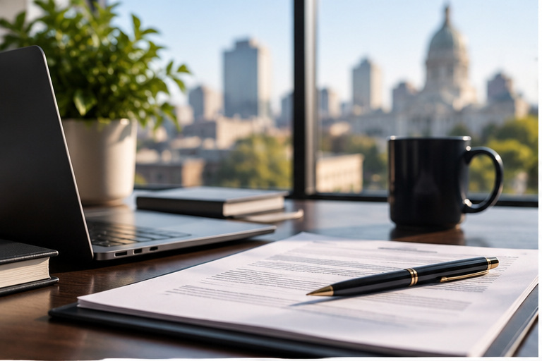 Professional business filing workspace with Indianapolis in the background