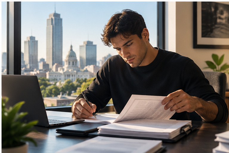 Business owner reviewing documents at a modern office