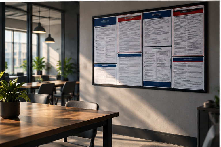 Modern workplace with compliance information display